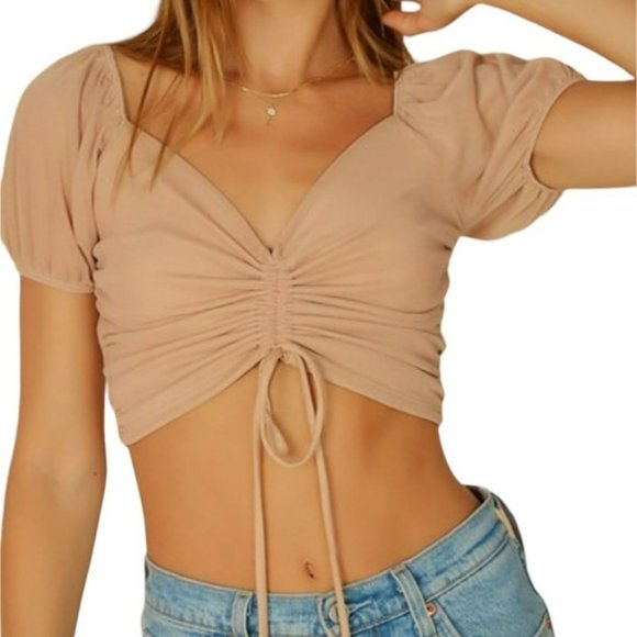 Blue Blush Tops - Blue Blush Puff Sleeve Mesh Gathered Crop Top Beige Size Large NWT